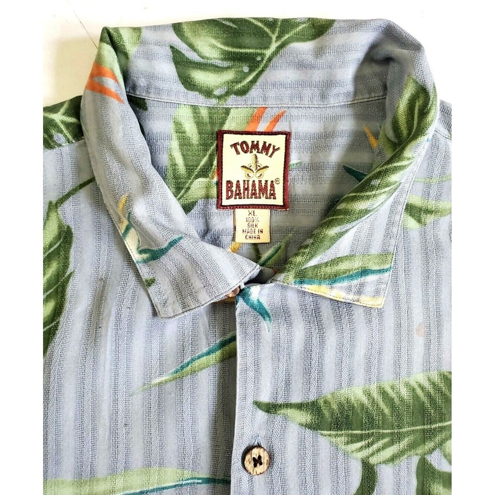 Tommy Bahama Hawaiian Shirt Men's XL Gray Green Striped Silk Short Sleeve